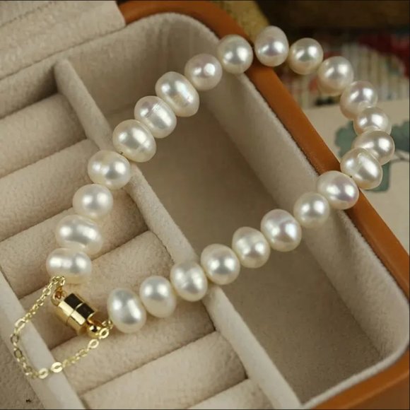Zara Gold Irregular Baroque Keshi Pearls White Freshwater Pearl Chain Bracelet - Picture 3 of 16